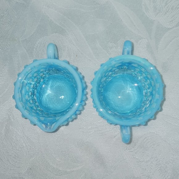Set of Vintage Fenton Hobnail Blue Opalescent Cream and Sugar Servers - Picture 5 of 9